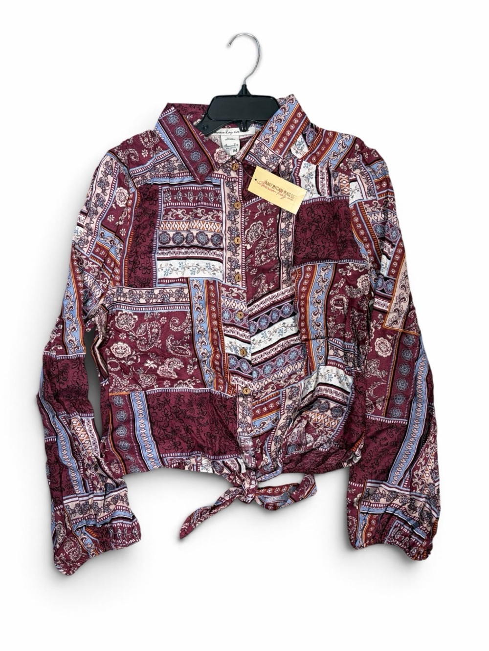 Tie-Hem Patchwork Print Button-Up Jacket - Burgundy